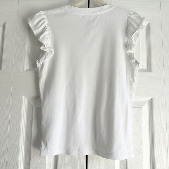 Land's End Tank Top Women's S White Ruffle Sleeve Ribbed Modern Classic Core - Picture 2 of 8